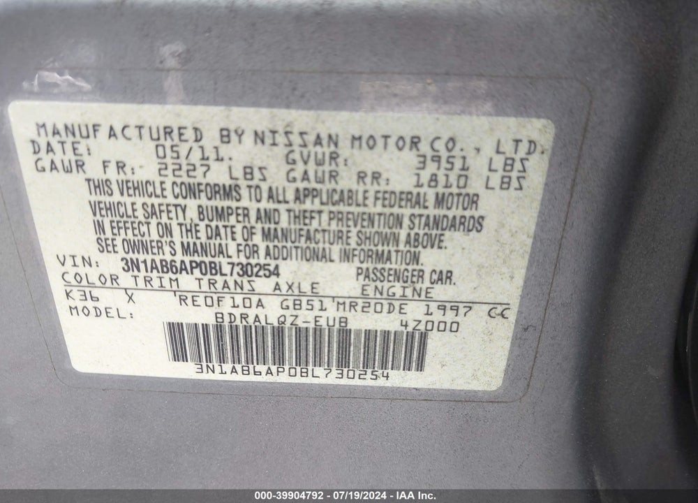 2011 NISSAN SENTRA VIN: 3N1AB6AP0BL730254