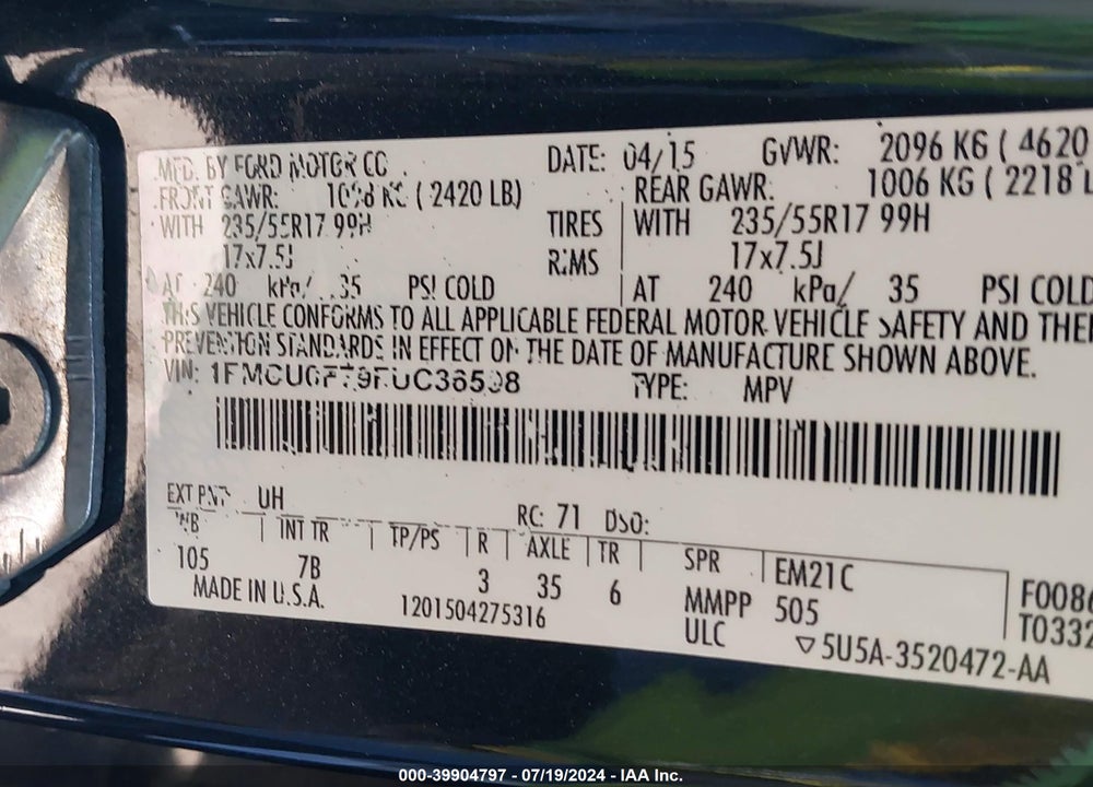2015 FORD ESCAPE S VIN: 1FMCU0F79FUC36598