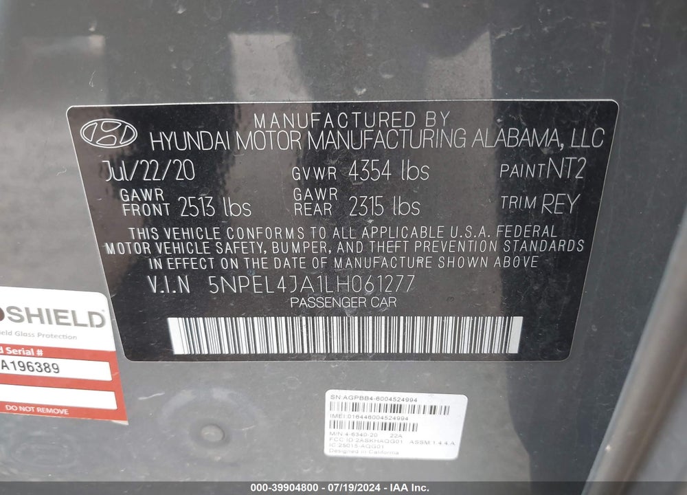 2020 HYUNDAI SONATA SEL VIN: 5NPEL4JA1LH061277