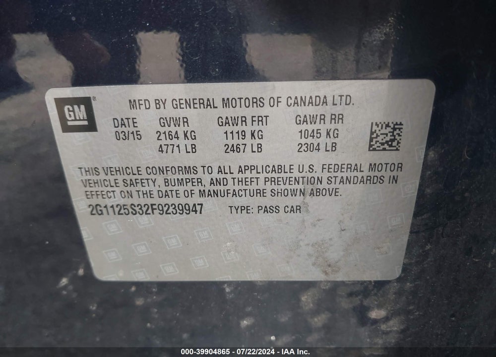 2015 CHEVROLET IMPALA 2LT VIN: 2G1125S32F9239947