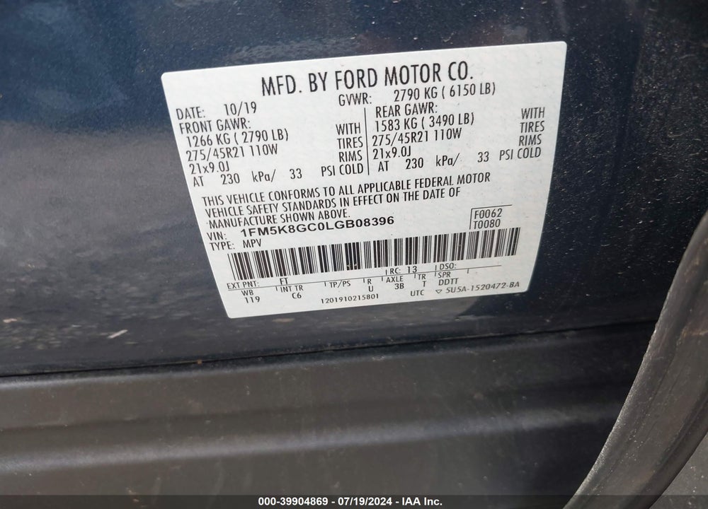 2020 FORD EXPLORER ST VIN: 1FM5K8GC0LGB08396