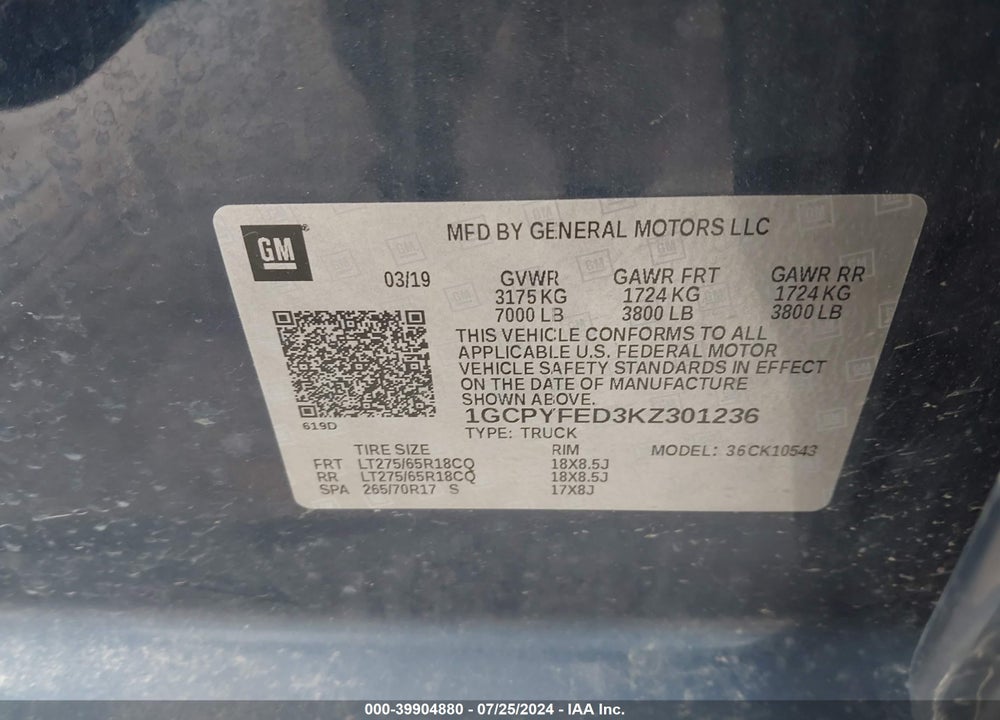 2019 CHEVROLET SILVERADO 1500 LT TRAIL BOSS VIN: 1GCPYFED3KZ301236