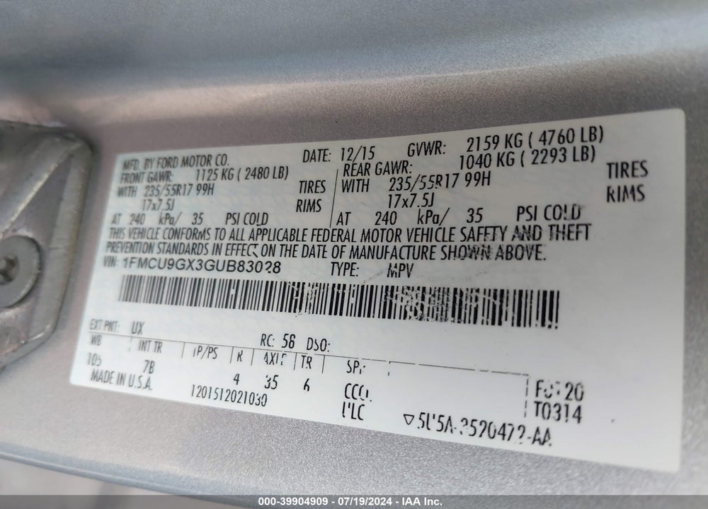 2016 FORD ESCAPE SE VIN: 1FMCU9GX3GUB83028