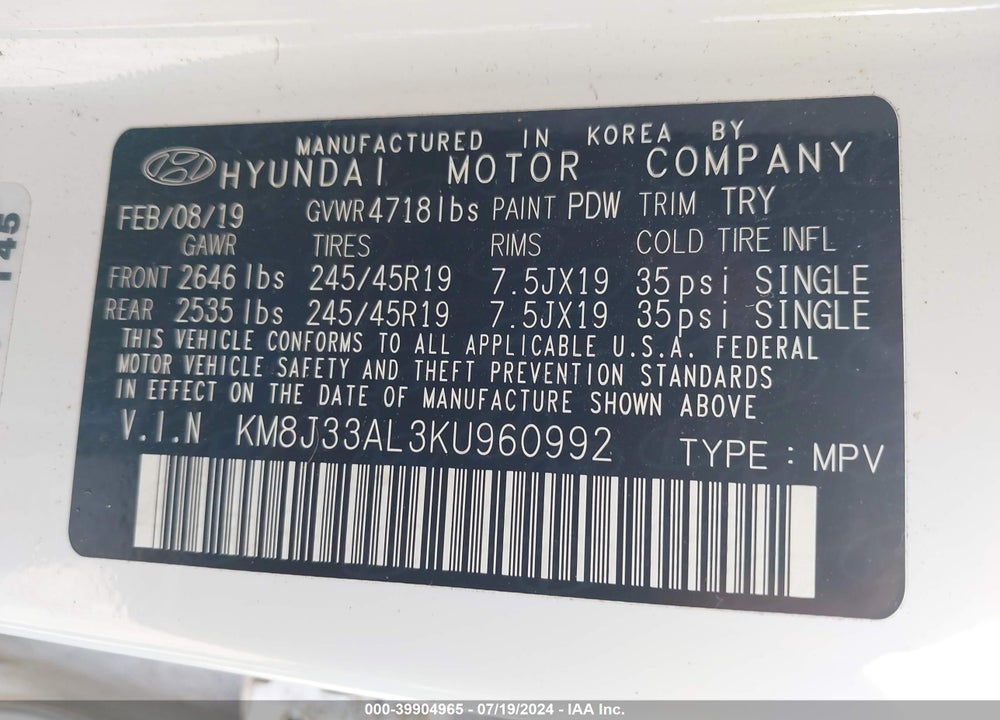 2019 HYUNDAI TUCSON NIGHT VIN: KM8J33AL3KU960992