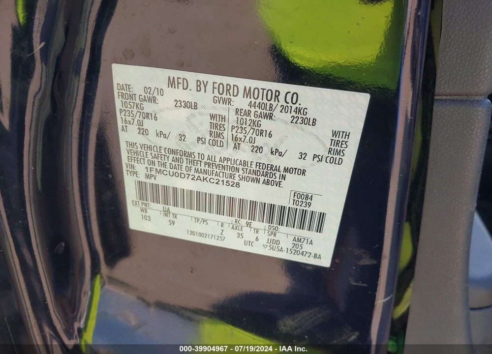 2010 FORD ESCAPE XLT VIN: 1FMCU0D72AKC21528