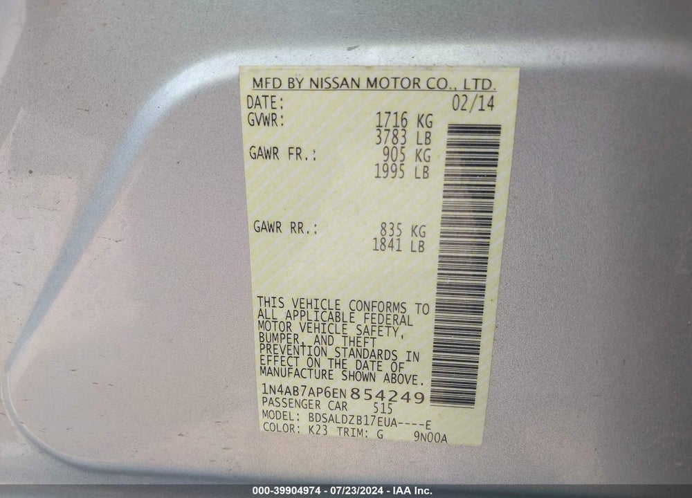 2014 NISSAN SENTRA FE+ S/FE+ SV/S/SL/SR/SV VIN: 1N4AB7AP6EN854249