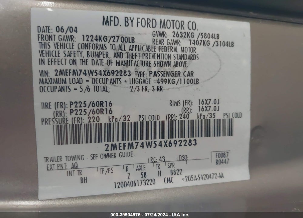 2004 MERCURY GRAND MARQUIS GS VIN: 2MEFM74W54X692283