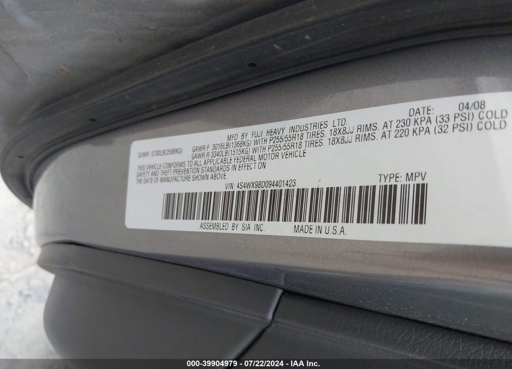 2009 SUBARU TRIBECA LIMITED 7-PASSENGER VIN: 4S4WX98D094401423