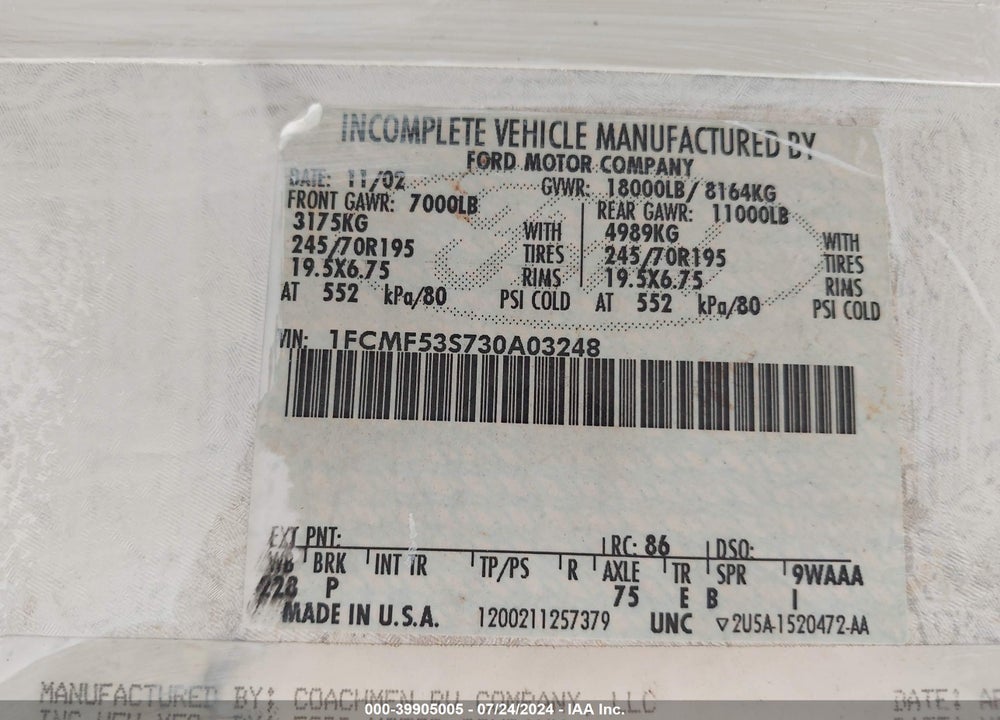 2003 FORD F550 SUPER DUTY STRIPPED CHASS VIN: 1FCMF53S730A03248