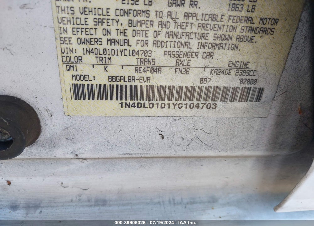 2000 NISSAN ALTIMA GLE/GXE/SE/XE VIN: 1N4DL01D1YC104703