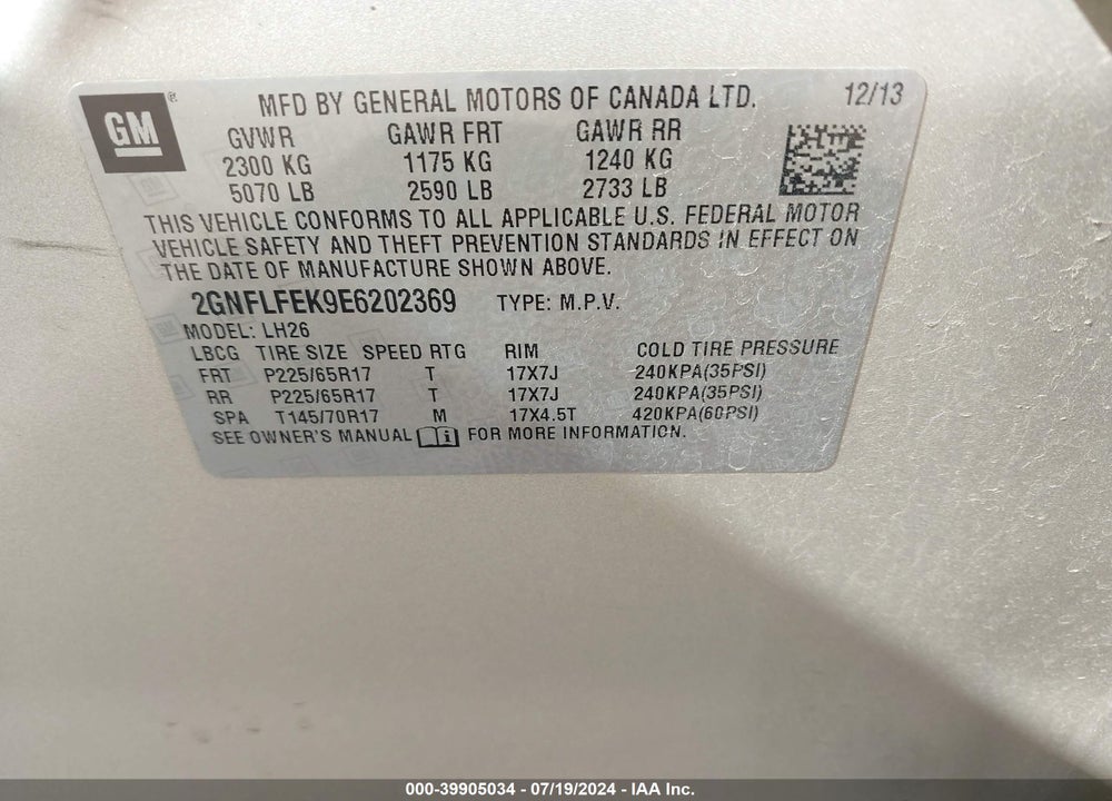 2014 CHEVROLET EQUINOX 1LT VIN: 2GNFLFEK9E6202369