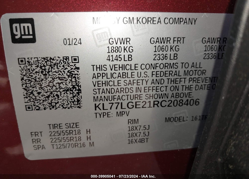 2024 CHEVROLET TRAX FWD 1RS VIN: KL77LGE21RC208406