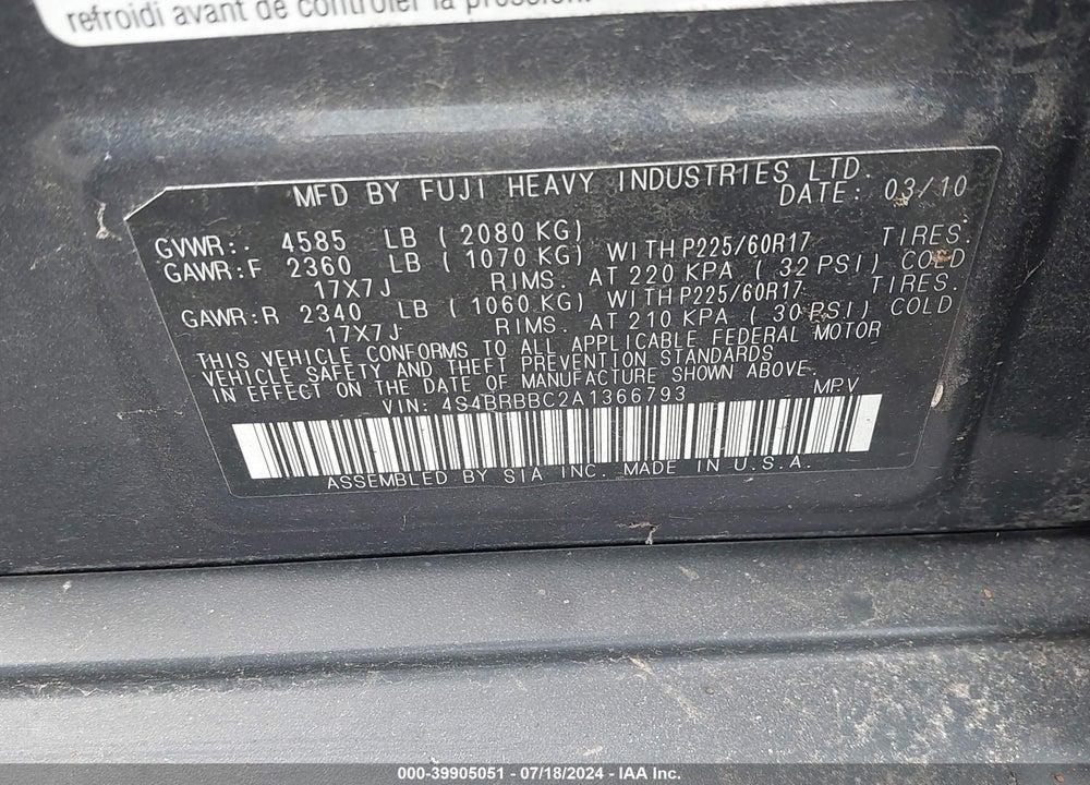 2010 SUBARU OUTBACK VIN: 4S4BRBBC2A1366793