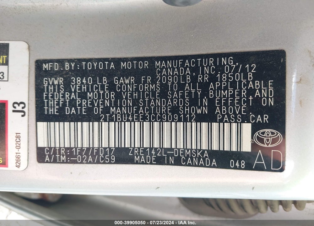 2012 TOYOTA COROLLA S VIN: 2T1BU4EE3CC909112