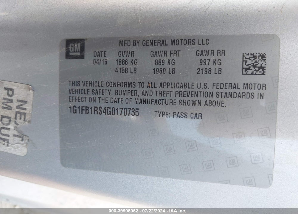 2016 CHEVROLET CAMARO 1LT VIN: 1G1FB1RS4G0170735