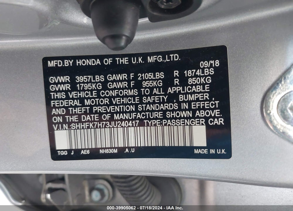 2018 HONDA CIVIC VIN: SHHFK7H73JU240417