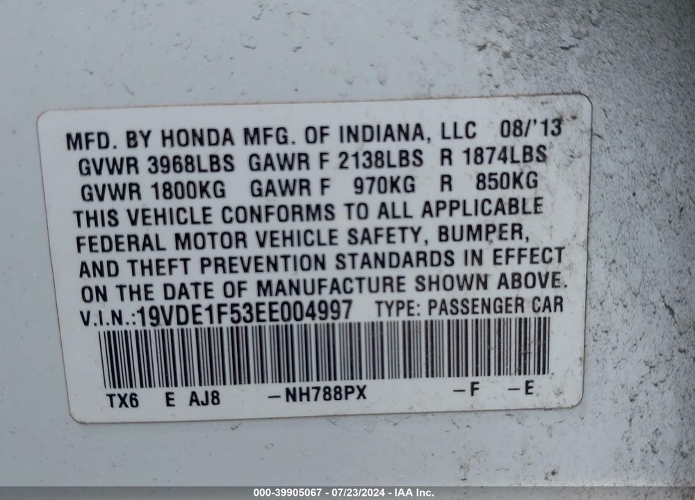 2014 ACURA ILX 2.0L VIN: 19VDE1F53EE004997