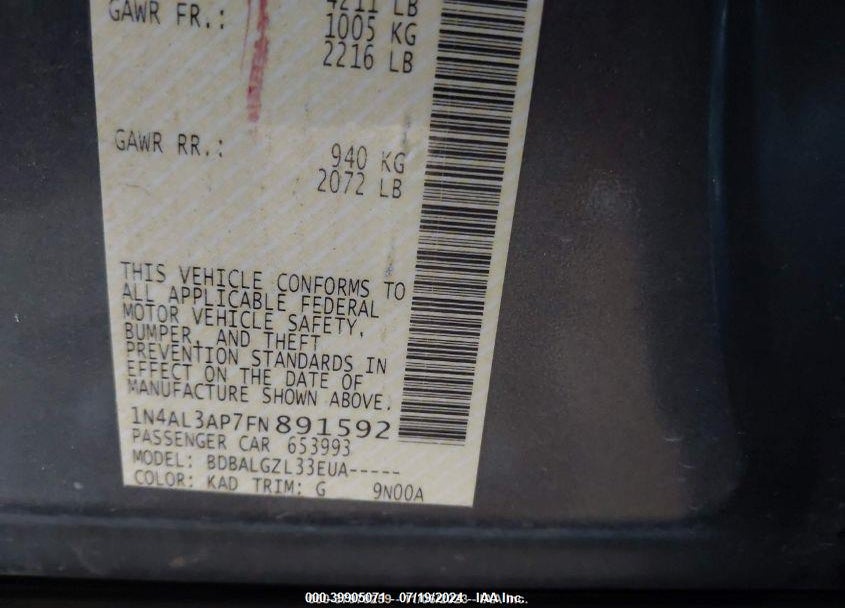 2015 NISSAN ALTIMA 2.5/2.5 S/2.5 SL/2.5 SV VIN: 1N4AL3AP7FN891592