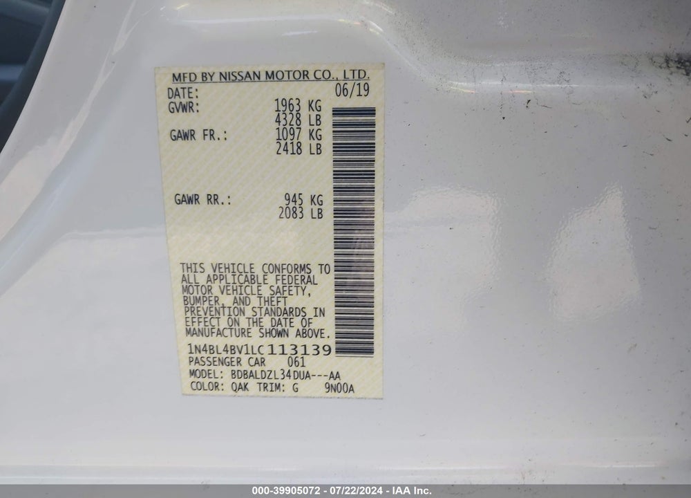 2020 NISSAN ALTIMA S FWD VIN: 1N4BL4BV1LC113139