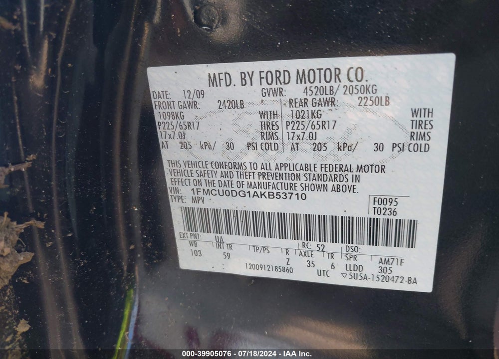 2010 FORD ESCAPE XLT VIN: 1FMCU0DG1AKB53710