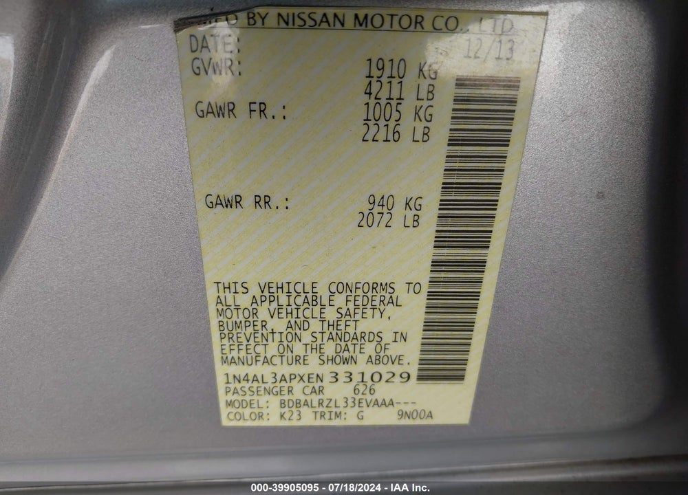 2014 NISSAN ALTIMA 2.5/2.5 S/2.5 SL/2.5 SV VIN: 1N4AL3APXEN331029