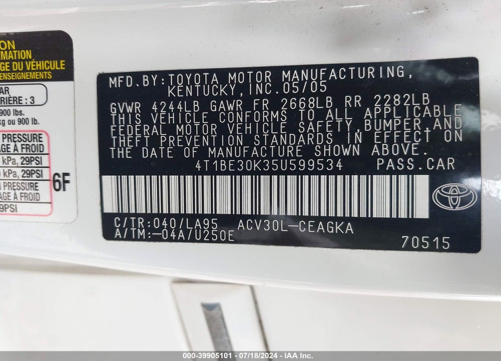 2005 TOYOTA CAMRY VIN: 4T1BE30K35U599534