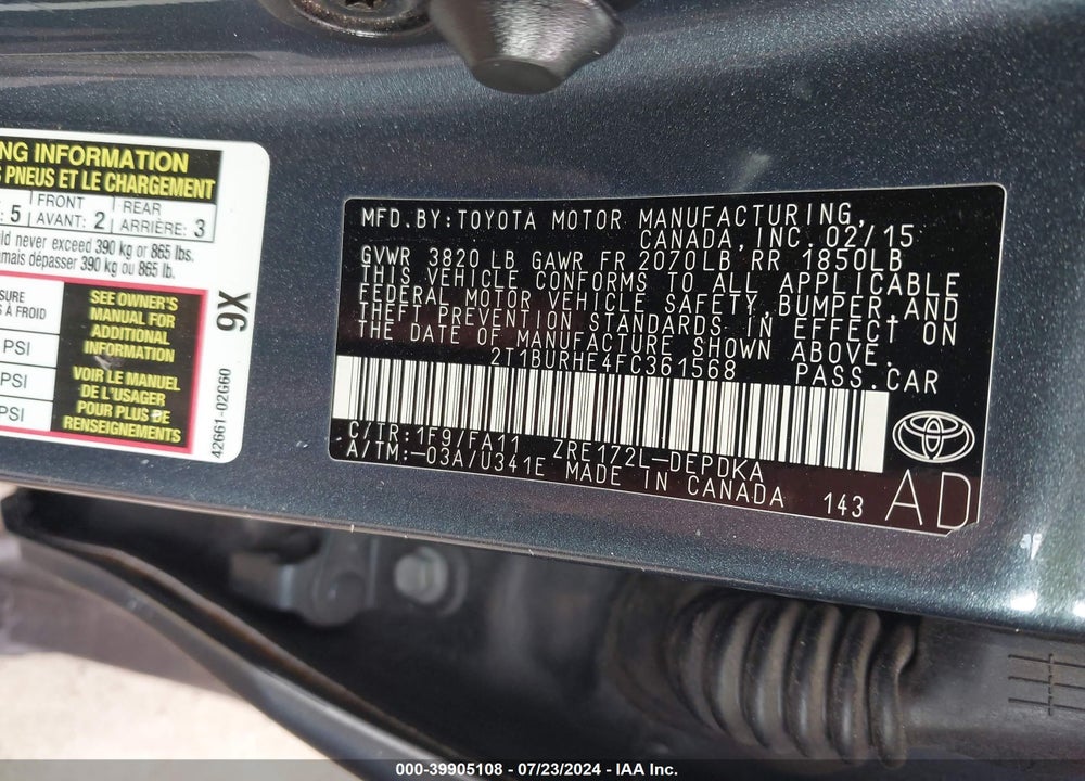 2015 TOYOTA COROLLA L VIN: 2T1BURHE4FC361568