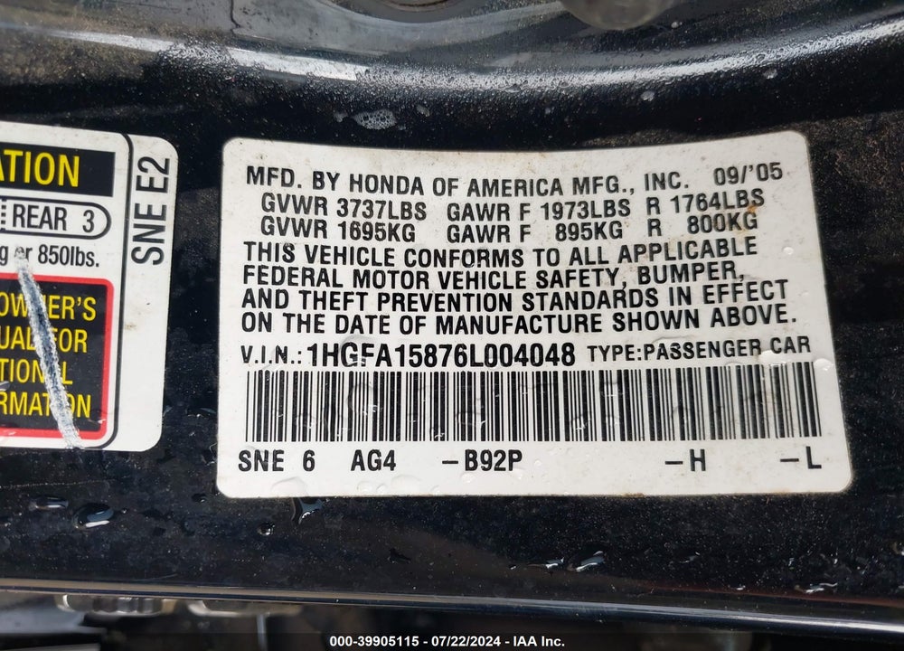 2006 HONDA CIVIC EX VIN: 1HGFA15876L004048