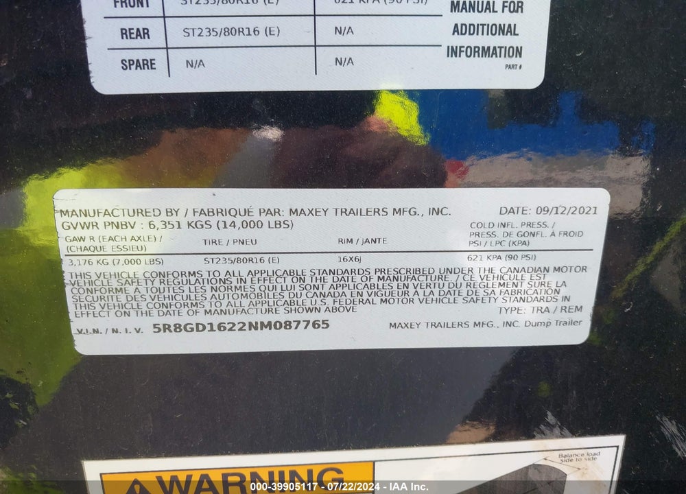 2021 MAXEY DUMP VIN: 5R8GD1622NM087765
