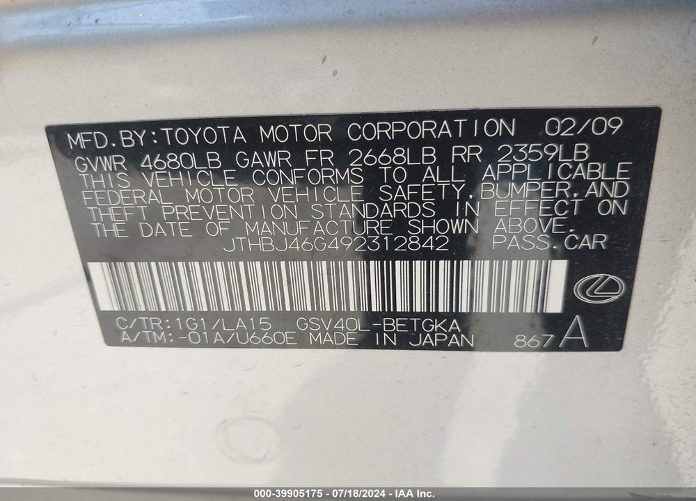 2009 LEXUS ES 350 VIN: JTHBJ46G492312842