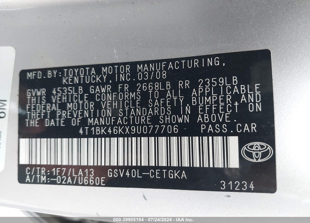 2009 TOYOTA CAMRY XLE V6 VIN: 4T1BK46KX9U077706
