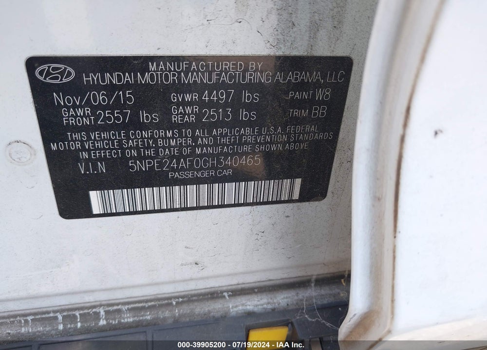 2016 HYUNDAI SONATA SE VIN: 5NPE24AF0GH340465