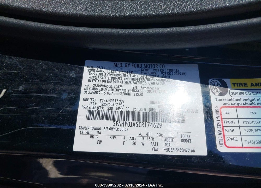 2012 FORD FUSION SEL VIN: 3FAHP0JA5CR174629