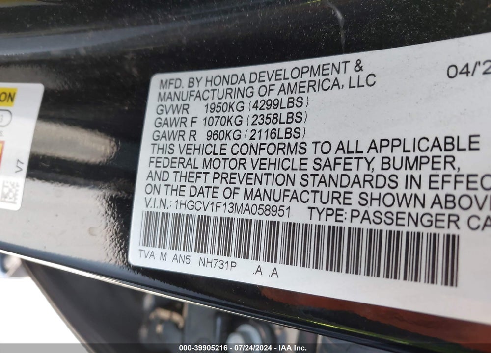 2021 HONDA ACCORD LX VIN: 1HGCV1F13MA058951