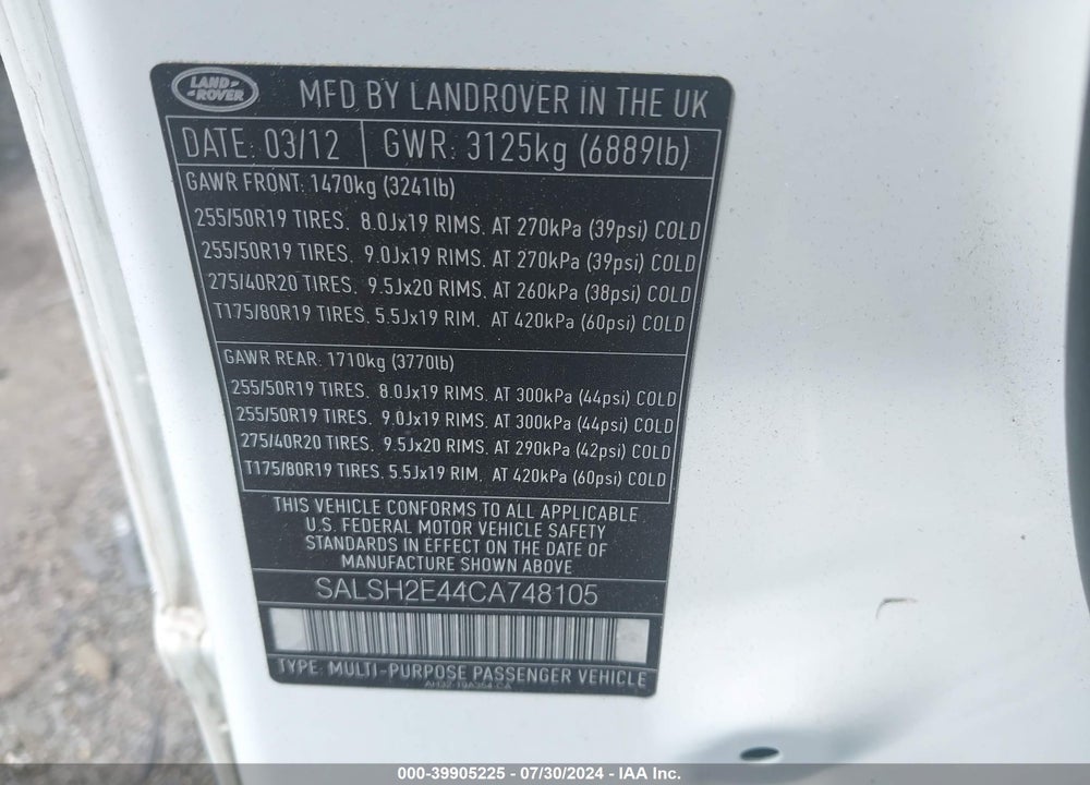 2012 LAND ROVER RANGE ROVER SPORT SUPERCHARGED VIN: SALSH2E44CA748105