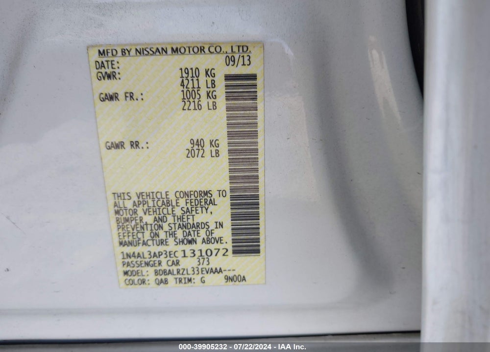 2014 NISSAN ALTIMA 2.5 S VIN: 1N4AL3AP3EC131072