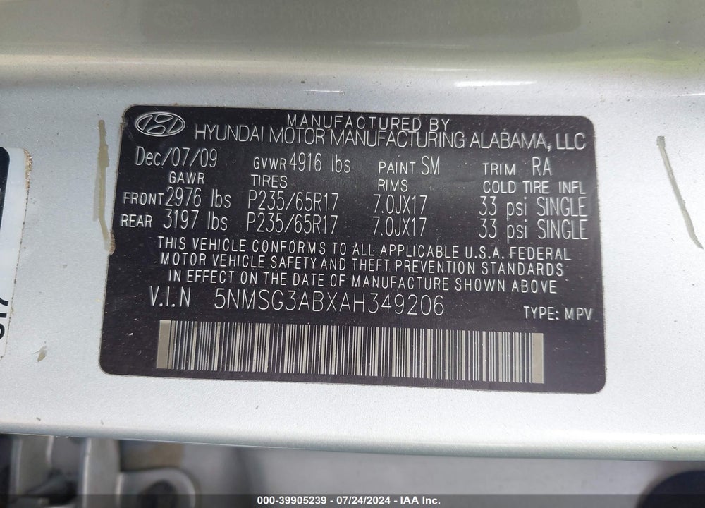 2010 HYUNDAI SANTA FE GLS VIN: 5NMSG3ABXAH349206