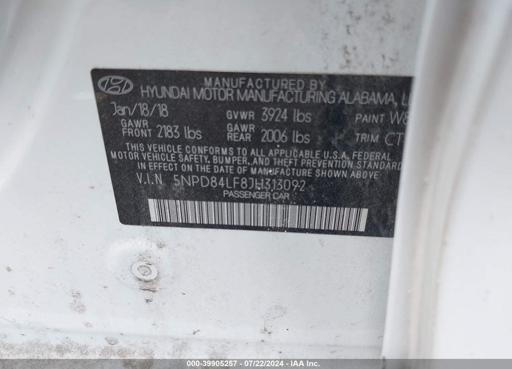 2018 HYUNDAI ELANTRA SEL VIN: 5NPD84LF8JH313092