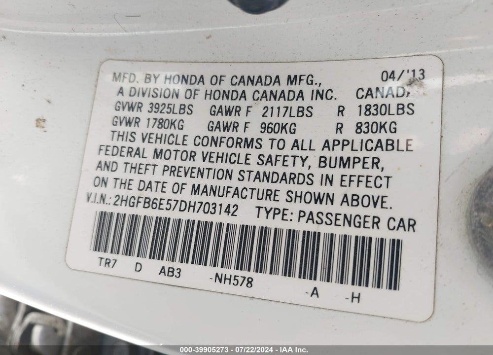 2013 HONDA CIVIC SI VIN: 2HGFB6E57DH703142