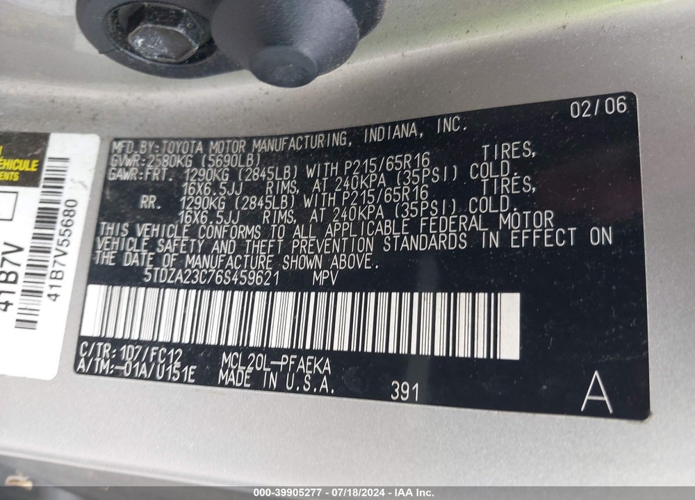 2006 TOYOTA SIENNA CE/LE VIN: 5TDZA23C76S459621