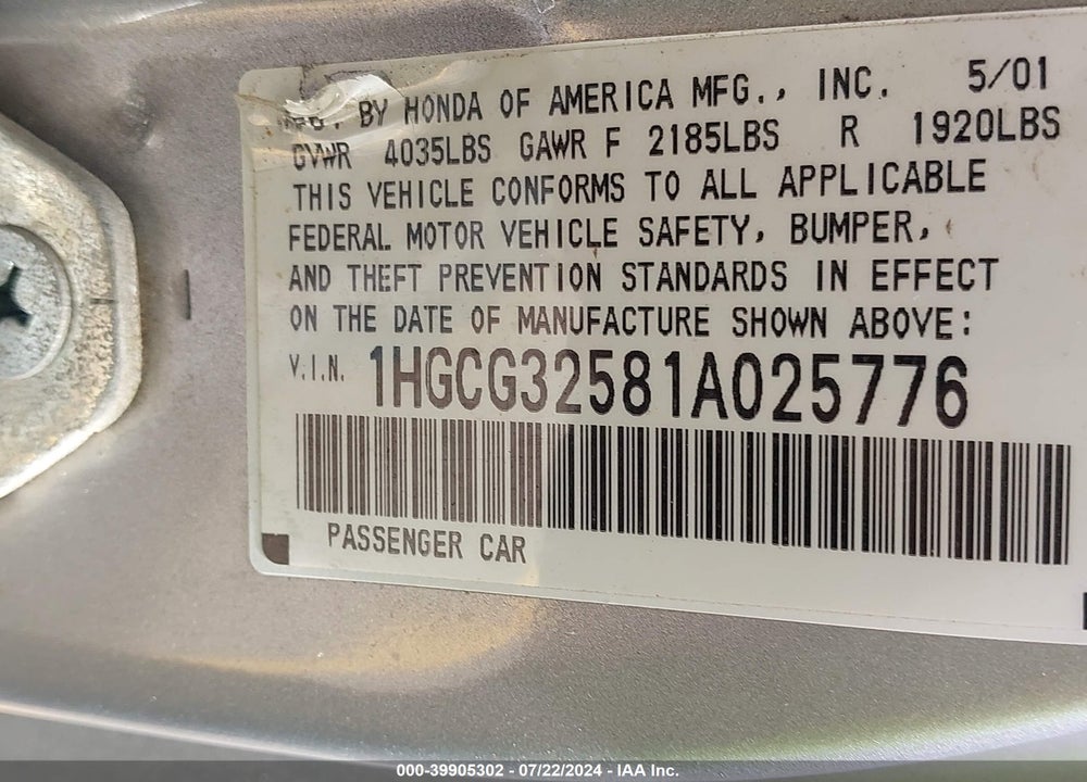 2001 HONDA ACCORD 2.3 EX VIN: 1HGCG32581A025776