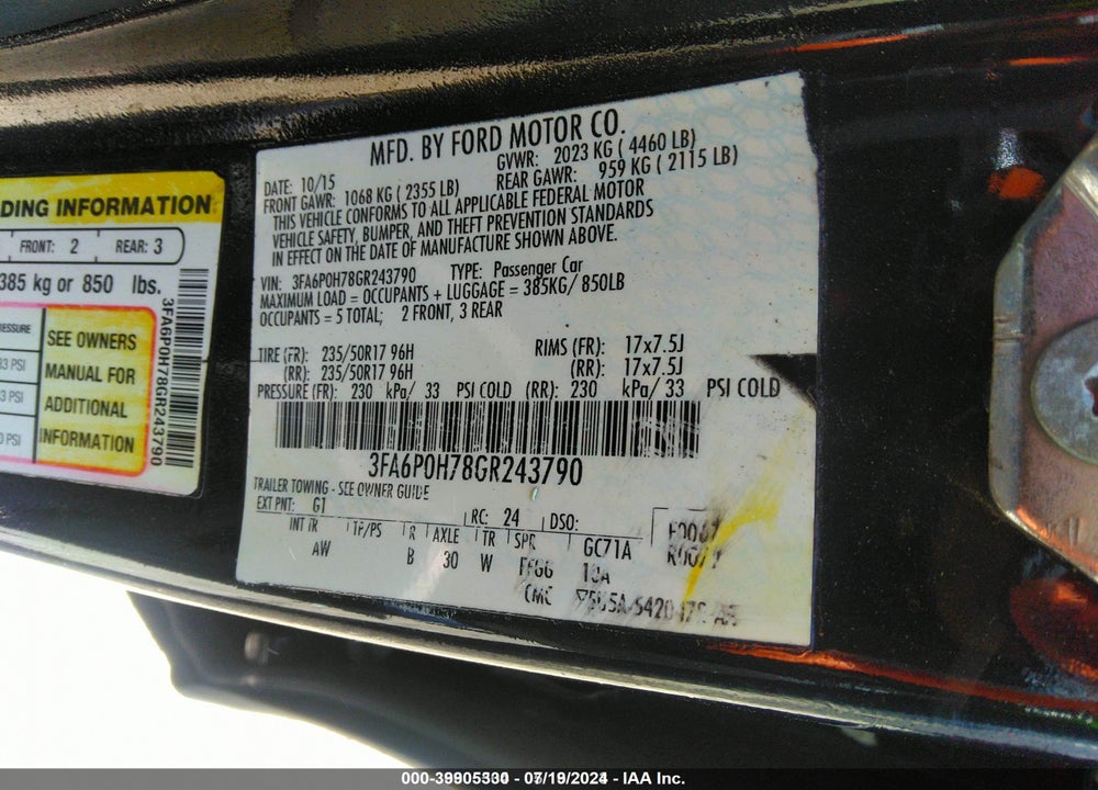 2016 FORD FUSION VIN: 3FA6P0H78GR243790