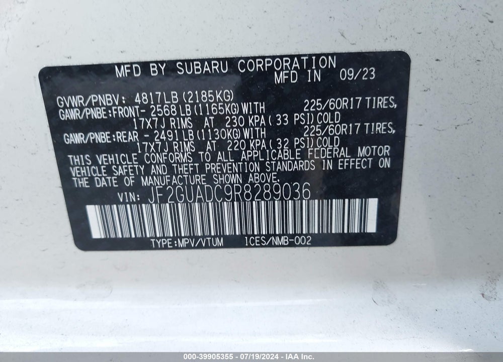2024 SUBARU CROSSTREK PREMIUM VIN: JF2GUADC9R8289036
