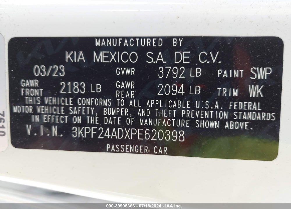 2023 KIA FORTE LXS VIN: 3KPF24ADXPE620398
