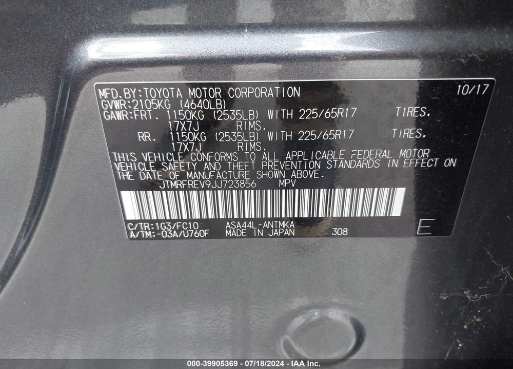 2018 TOYOTA RAV4 XLE VIN: JTMRFREV9JJ723856