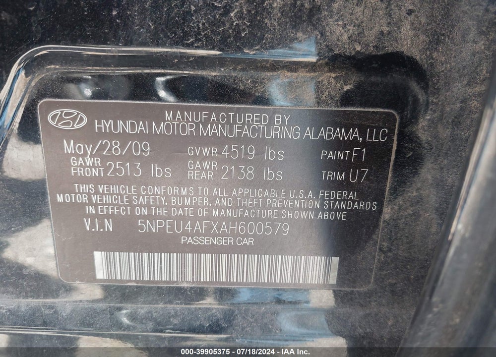 2010 HYUNDAI SONATA SE V6 VIN: 5NPEU4AFXAH600579