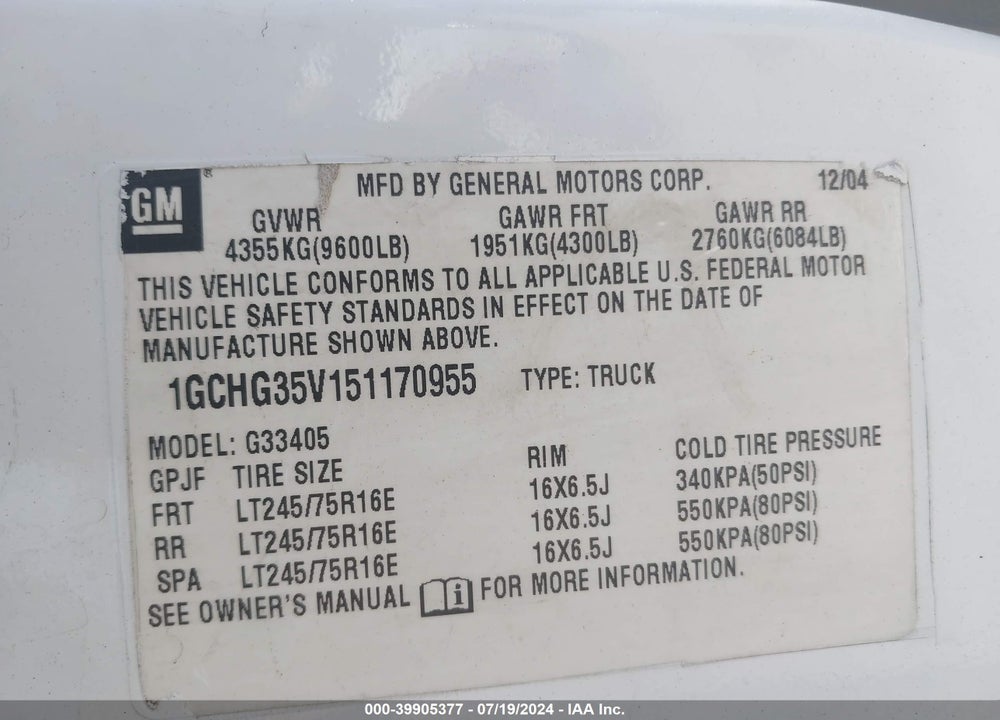 2005 CHEVROLET EXPRESS VIN: 1GCHG35V151170955