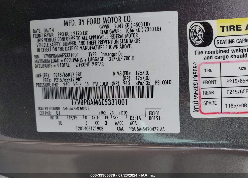 2014 FORD MUSTANG V6 VIN: 1ZVBP8AM6E5331001