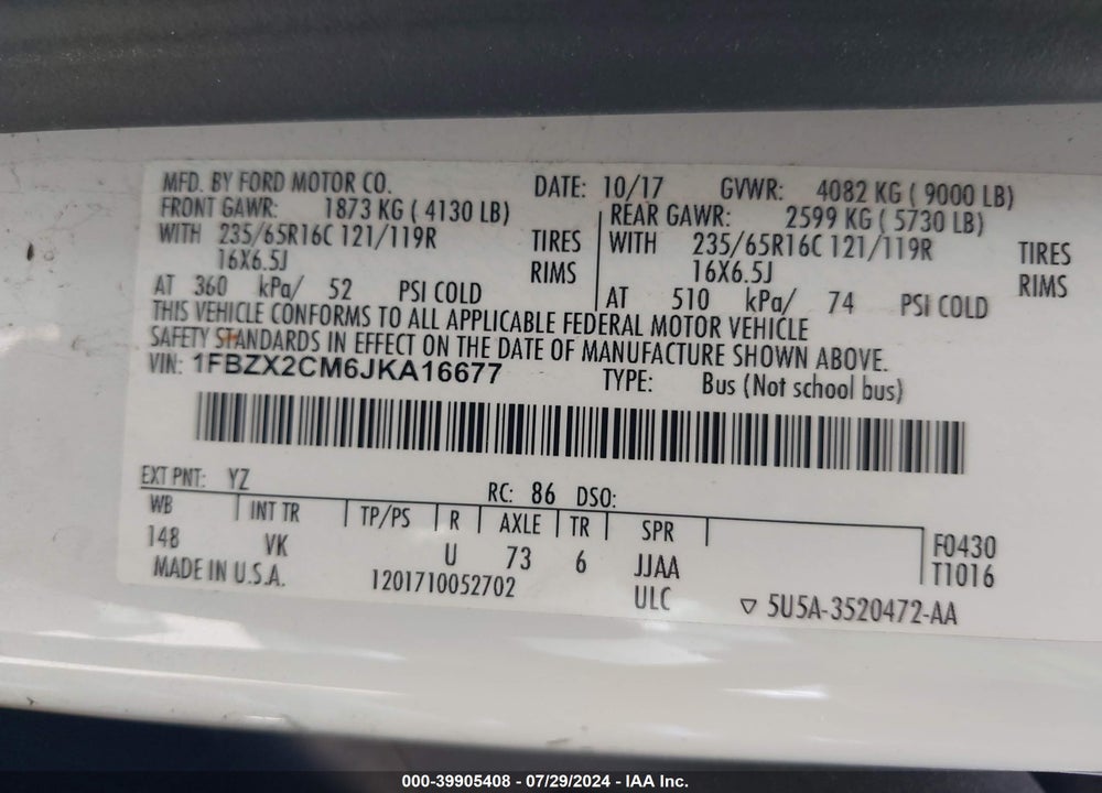 2018 FORD TRANSIT T-350 VIN: 1FBZX2CM6JKA16677