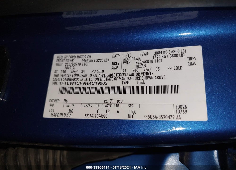 2017 FORD F-150 XLT VIN: 1FTEW1CF9HKC19002